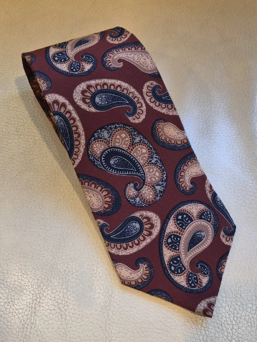 Vintage Burberrys Of London Burgundy Paisley Silk Tie with Navy and Cream Accent